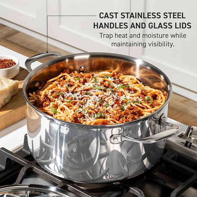 T-Fal Pro Tri-Ply Stainless Steel Large Dutch Oven Pot with Lid, 6 Quart Induction Pot, Oven Safe 500F, Lid 350F, Fast & Even Heat, Professional Quality & Durability, Silver