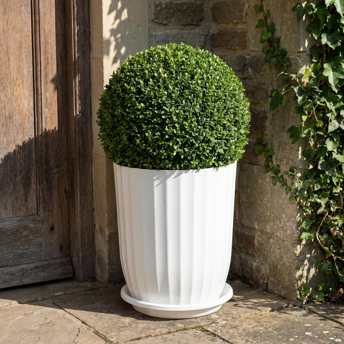 Briwooody 2 Pcs Tall Planter 12.6" Large Round Plastic Plant Pots with Drainage Hole and Tray White Modern Planter for Indoor Outdoor Plants Home Office Kitchen Bedroom Living Room Porch Patio Decor