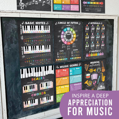 Hadley Designs Music Classroom Decor –9 Music Classroom Posters Elementary, Choir & Solfege Posters, Solfege Hand Signs & Musical Instruments Bulletin Board Decorations, Chalkboard Teacher Must Haves