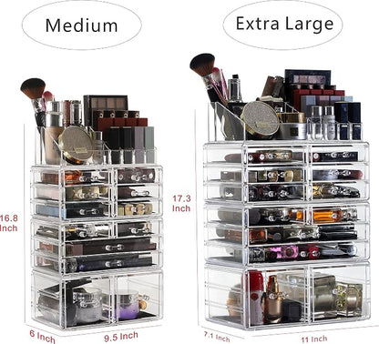 Cq acrylic 4 Pack Clear Makeup Organizer Countertop,Stackable 12 Drawers Skincare Organizer,Cute Skin Care Organizer for Vanity Hair Clip,Jewelry,Beauty Product Desk and Make Up Organizers for Vanity
