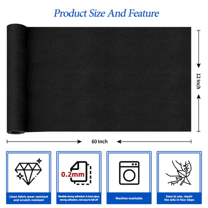KING MOUNTAIN Linen Iron on Patch,12"×60",Couch Fabric Repair Patch,Used for Various Sofa,Seats, Pillow (Black)