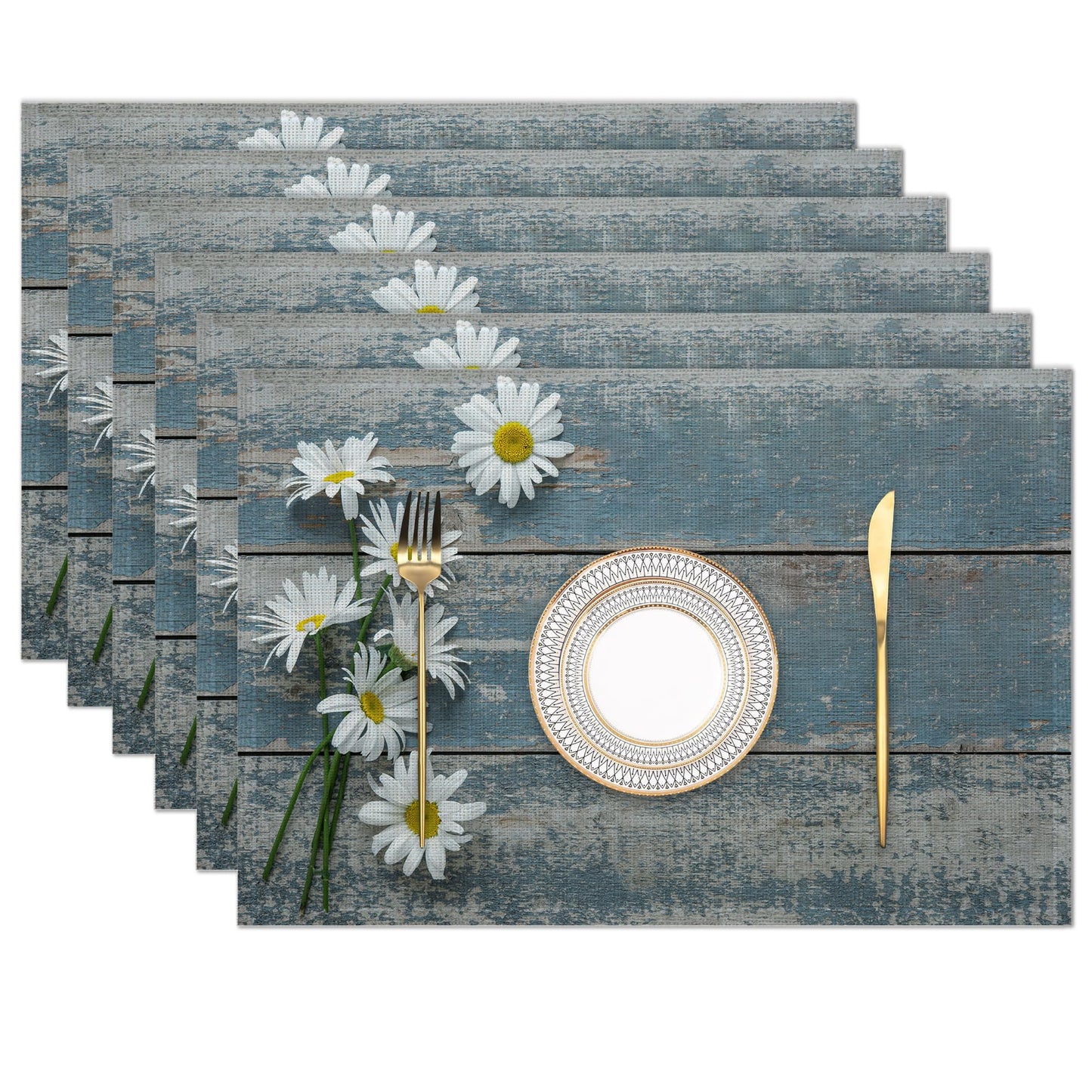 Placemats Set of 6,Daisy Flowers on Wooden Linen Place Mats,Modern Washable Table Placemats 12"x18" Heat Resistant Table Mats for Dining Kitchen Party Holiday Decoration