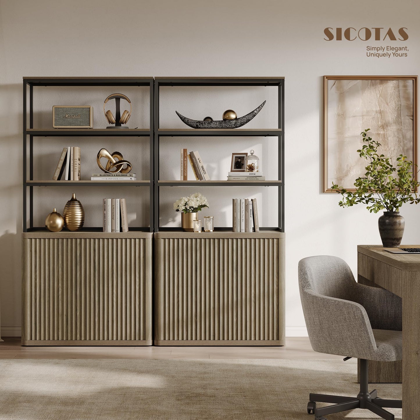 SICOTAS Book Shelf Fluted Bookshelf 71" Tall Bookcase with Doors Storage 5 Tier Mid Century Modern Bookshelves Large Shelves Metal Book Cases for Living Room Office Kitchen Library