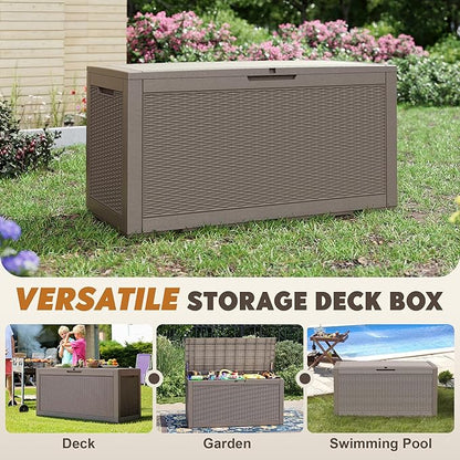 Outdoor Storage Box, Resin Deck Boxes Indoor and outdoor, Waterproof Storage Box Lockable Lid (Grey, 110 Gallon)
