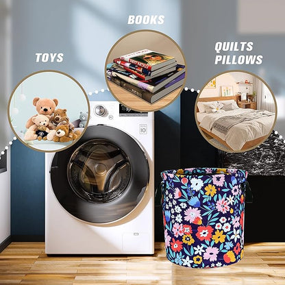 Folk Floral Art Laundry Basket Beautiful Flowers Foldable Oxford Cloth Funny