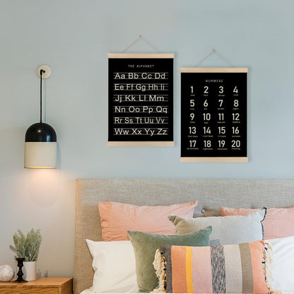 HRQKO Black Alphabet Numbers Poster Hanger Frame Set of 2, Nursery Wall Decor, ABC Poster Wall Art with Wooden Frames, Alphabet Banner Wall Hanging Decor for Playroom Boy Toddler Room, 12x16 Inch