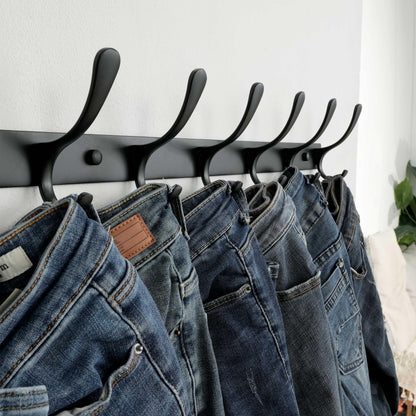 SKOLOO Coat Rack Wall Mounted - 6 Hooks, Heavy Duty, Stainless Steel, Metal Wall Hanger, Sturdy Coat Hooks for Hanging Coats, Jacket, Clothes, Hats - Black
