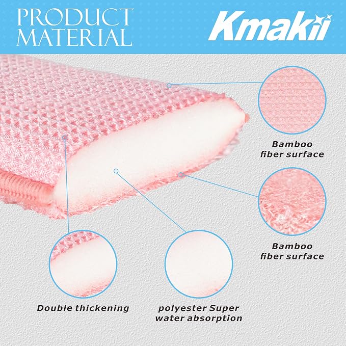 KMAKII Bamboo Kitchen Sponges Dish Sponge Super Absorbent Natural Dish Sponges, Red, Pack of 6