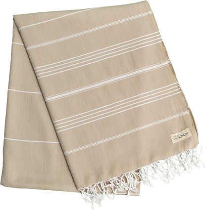 Bersuse Towels Anatolia XL Beach Blanket Throw Blanket Turkish Towel 100% Cotton Extra-Large Quick-Dry Lightweight Premium Peshtemal Towel - 61x82 Inches, Beige (Set of 3)