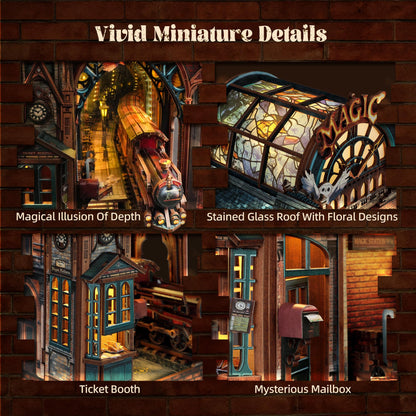 FUNPOLA LED 3D Puzzle Magic Station Book Nook Kit - Interactive 3D Wood Puzzle LED Magical Miniature with Infinite Extension Space - DIY Bookshelf Insert Decor Gifts(Magic Station)