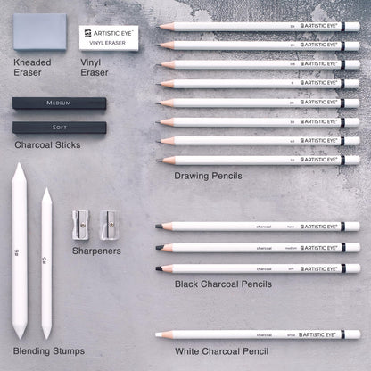 ARTISTIC EYE Premium Drawing and Sketching Pencil Art Set (20 Items): Complete Kit with Graphite Pencils, Charcoal Pencils, Sticks, Blending Stumps, Erasers, and Sharpeners