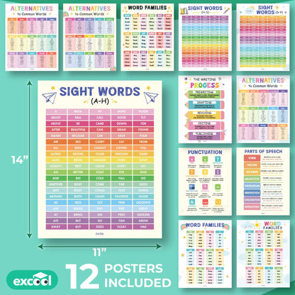 EXCOOL CLUB 12 Preschool Sight Words Poster - 11x14 Word Families Chart Educational Posters For Kindergarten Classroom Must Haves, Laminated Learning Posters For Toddlers, Homeschool, Playroom Decor