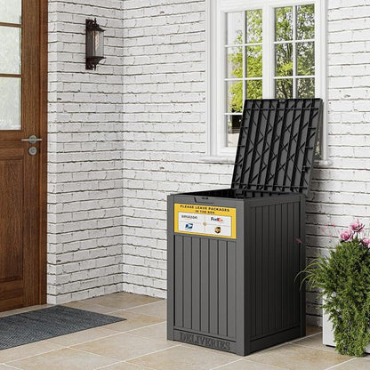 Package Delivery Box for Outside with Sign, Secure Lockable Waterproof Package Delivery Container, Resin Deck Box for Porch & Garden, Classic Black