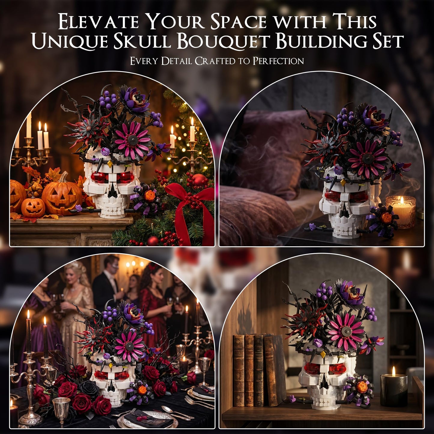 Skull Flower Bouquet Building Set, Wildflower Botanical Collection Kit for Adult Women, Horror Gothic Skeleton Decor for Goth Home Table Art Decor, Girlfriend/Mom/Wife/Couple Gift, Halloween Birthday