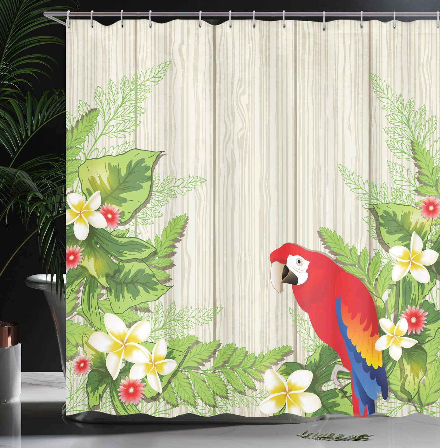 Ambesonne Parrot Shower Curtain, Tropic Flowers and Parrot in Summer Garden Wooden Wall Ferns Art, Cloth Fabric Bathroom Decor Set with Hooks, 69" W x 84" L, Cream Green Red