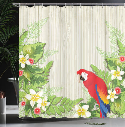 Ambesonne Parrot Shower Curtain, Tropic Flowers and Parrot in Summer Garden Wooden Wall Ferns Art, Cloth Fabric Bathroom Decor Set with Hooks, 69" W x 84" L, Cream Green Red