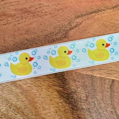 Rubber Duck Satin Craft Ribbon - 1" x 25 Yards, White Ribbon with Yellow Rubber Duckies, Christmas, Birthday, Baby Shower, Gift Bow, Diaper Cake, Hair Bows, Gender Reveal, Valentine's Day, Easter