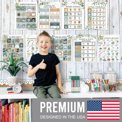 Hadley Designs Phonics Posters for Classroom Must Haves - 9 Sound Wall for Kindergarten & Elementary Teacher Supplies, Syllable, Vowels, Digraphs & Blends Bulletin Board Set, Greenery Classrom Decor