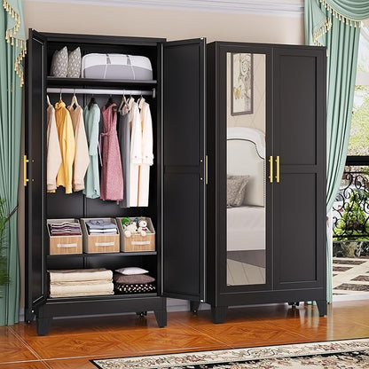 GAIOUS Metal Wardrobe Cabinet with Mirror and Hanging Rod, 71" Black | Clothing Storage Cabinets with 2 Doors and Adjustable Shelves, Armoire Wardrobe Closet for Bedroom, Laundry Room, Cloak Room
