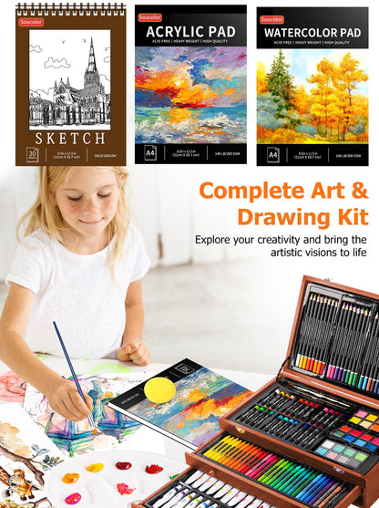 Soucolor Art Supplies, 192-Pack Deluxe Art Set Drawing Painting Supplies Kit with Acrylic Pad, Watercolor Pad, Sketch Book, Canvases, Acrylic Paint, Crayons, Pencils, Gifts for Artist Adults Teen Kids