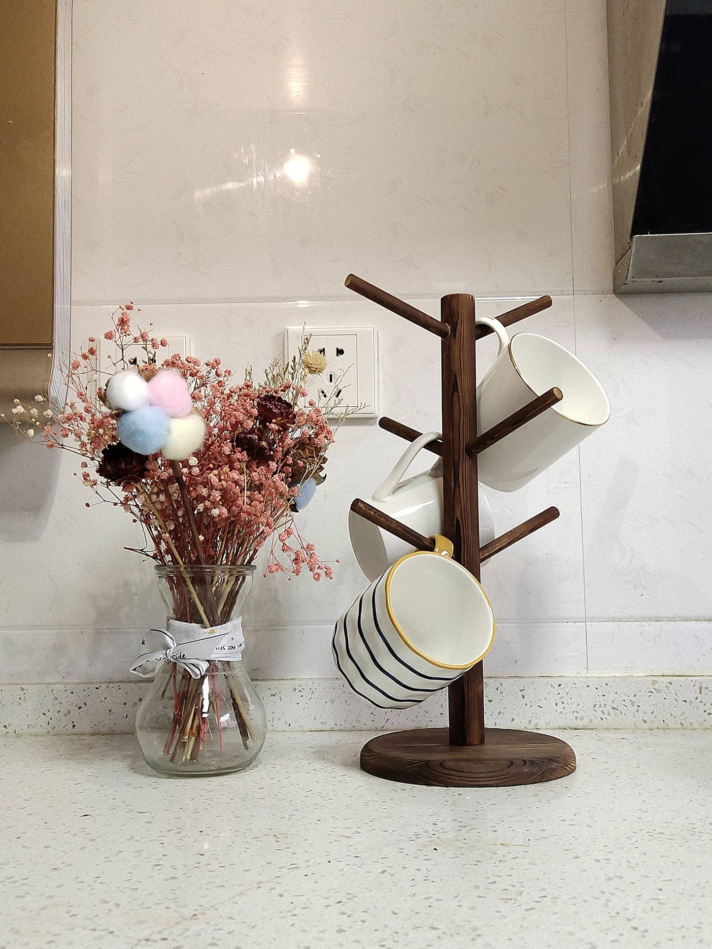 Dorhors Mug Holder Tree,Coffee Cup Holder with 6 Hooks, Wood Mug Rack for Counter,Coffee Bar Accessories and Orgnizer Station(Brown)