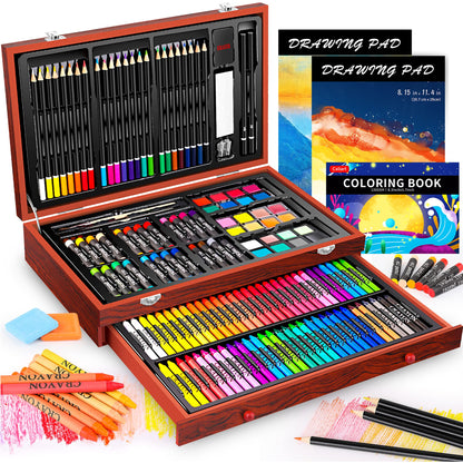 Caliart Art Supplies, 153-Pack Deluxe Art Set in Wooden Case, Crafts Drawing Painting Kits with 2 A4 Sketch Pads, Coloring Book, Birthday Gifts for Teens Girls Boys Kids Adults Artists