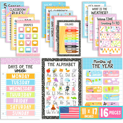 Hadley Designs 16 Educational Posters for Classroom Must Haves - Laminated Pre-K Posters for Toddler Homeschool Essentials, Toddler & Preschool Learning Activities, Kindergarten Classroom Decor