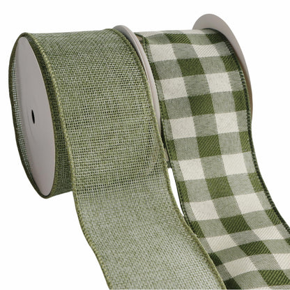 Meseey 2.5 Inch Green Burlap Wired Ribbon Set, 2 Rolls Total 10 Yards Solid Sage Green & Green White Buffalo Check Wired Edge Ribbons for Gift Wrapping, Wreaths, Crafts, Farmhouse Home Decorations