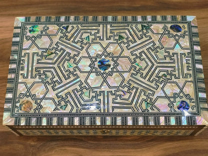 FAMA.store Handmade Egyptian Jewelry Box – Mother of Pearl Inlay – Decorative Wooden Trinket Box for Women Oriental Keepsake Storage Organizer (10.6" x 6.6" x 3"inch M09)