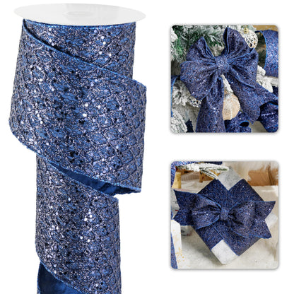 LIZLOVESS Navy Blue Christmas Ribbon 4" Glitter Mesh Wired Ribbon for Christmas Tree Blue Diamond Honeycomb Ribbon for Gift Wrapping, Crafts, Wreath Supplies, Garland, Tree Topper Bows - 10 Yards