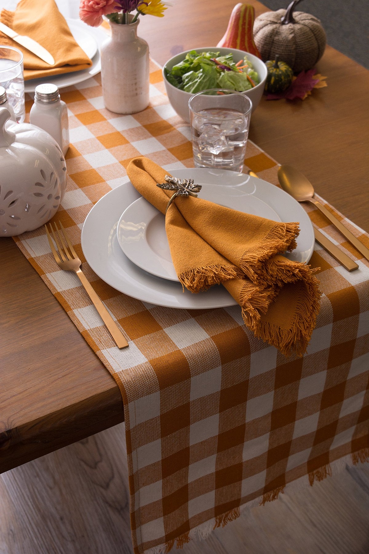 DII Heavyweight Fringed Check Tabletop Collection, Table Runner, 14x108, Pumpkin Spice