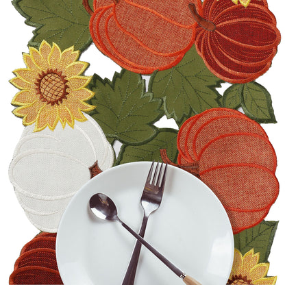 OWENIE Thanksgiving Table Runner, Pumpkin Fall Table Runner, Fall Decor for Home with Harvest Sunflowers Pumpkins, Cutwork Applique Embroidered Centerpieces, 13 Inch x 54 Inch, Orange