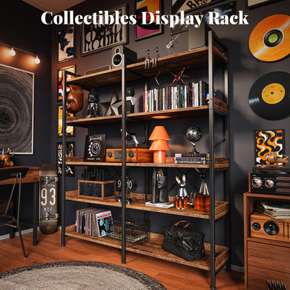 Huuger 5 Tier Bookshelf, Display Bookshelf with 10 Open Shelves and Raised Baffle, 47.2 Inch Straight Wide Bookcase with Metal Frame and Wooden Board, Adjustable Feet, Rustic Brown