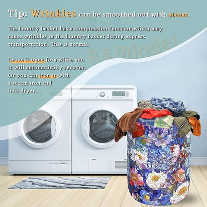 Blue Flowers Laundry Basket Glass Colorful Floral Foldable Funny Laundry Hamper