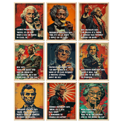 Funny U.S. History Classroom Rules Posters - Set of 9 Unframed 11x14 American History Wall Art | Social Studies Classroom Decorations for Teachers | Bulletin Board Decor