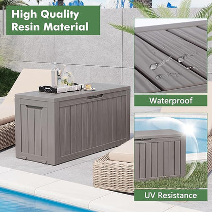 Outdoor Storage Box, Resin Deck Boxes Indoor and outdoor, Waterproof Storage Box Lockable Lid (Grey, 85 Gallon)