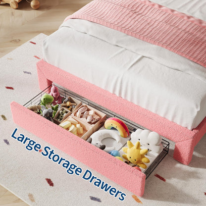Garvee Full LED Bed Frame with Adjustable Wavy Headboard and Storage Drawer, Upholstered Princess Platform Bed for Kids, Lamb Fleece Fabric, Wooden Slats Support, No Box Spring Needed, Pink