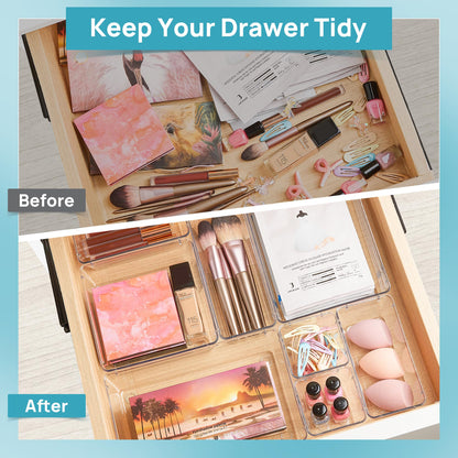 Vtopmart 72 PCS Clear Plastic Drawer Organizers Set, 4-Size Versatile Bathroom and Vanity Organizer Trays, Non-Slip Storage Containers for Makeup, Jewelries, Bedroom，Kitchen Utensils and Office