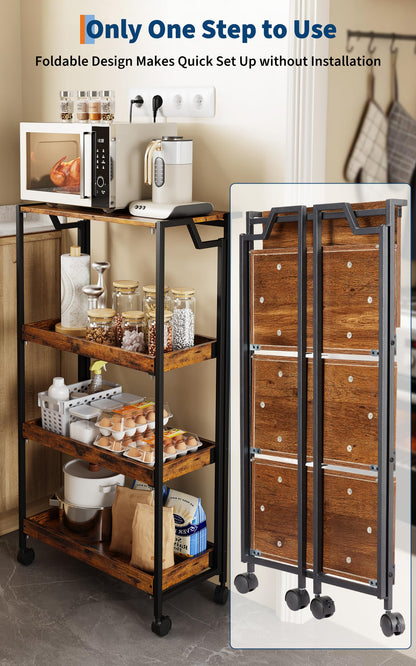 PeakPursuit Large 4-Tier Collapsible Wooden Storage Shelf – Heavy Duty 100 lbs Capacity, Locking Wheels – Space-Saving Organizer for Kitchen, Garage, Workshop, Home – No Assembly Required