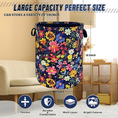 Colorful Flowers Laundry Basket Oxford Cloth Foldable Floral Laundry Hamper