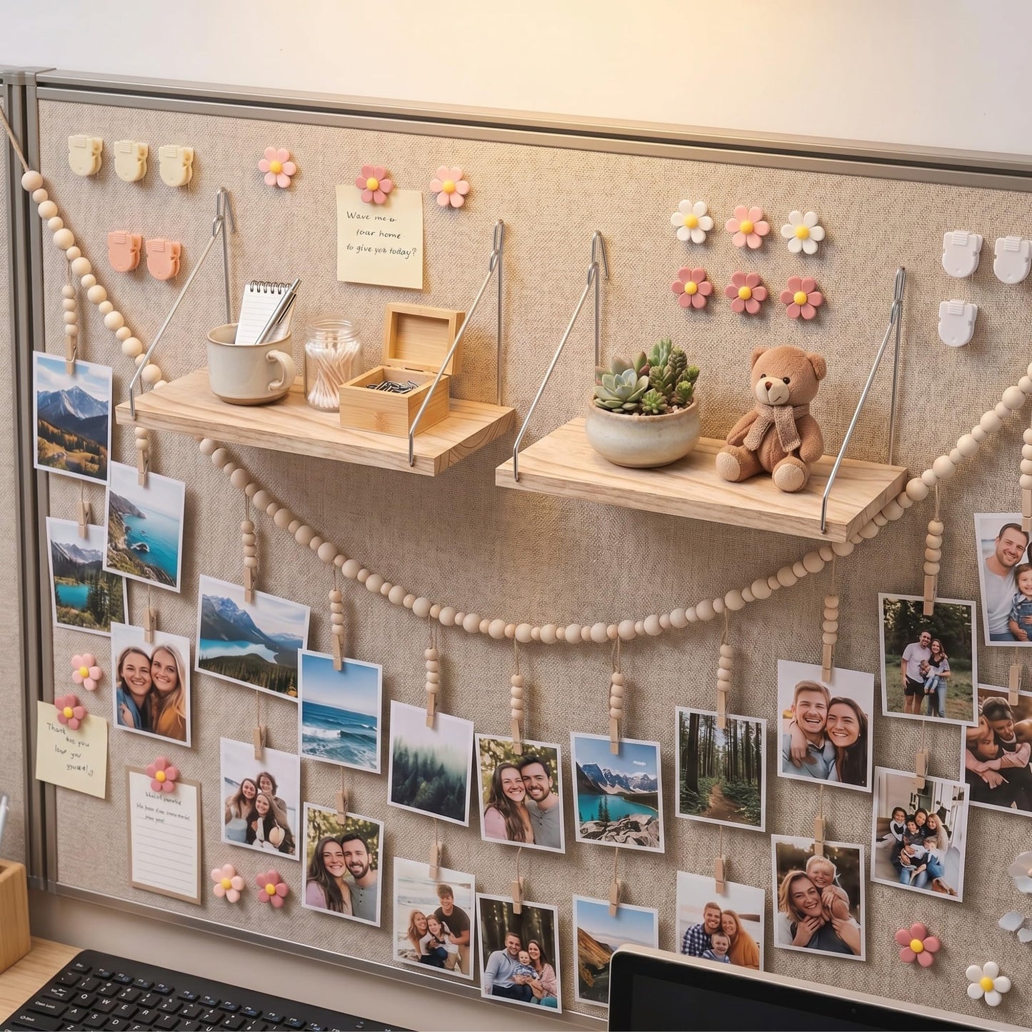 Sieral 48 Pcs Office Cubicle Decor Set, Boho Hanging Photo Display with 24 Wooden Clips, 2 Fabric Wall Shelves, 30 Flower Push Pins, 15 Cubicle Clips, Aesthetic Wall Decor for Office, Dorm & Workspace