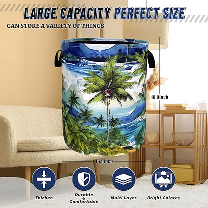Tropical Palm Tree Laundry Basket Oxford Cloth Colorful Hawaii Laundry Hamper