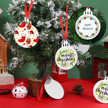 Jetec Christmas Sublimation Blank Pendants Double Side MDF Personalized Heat Transfer Blank Hanging Pendant White Sublimation Ornament with Red Ribbon for DIY(36 Pcs,3.5 x 2.9 x 0.1 Inch)