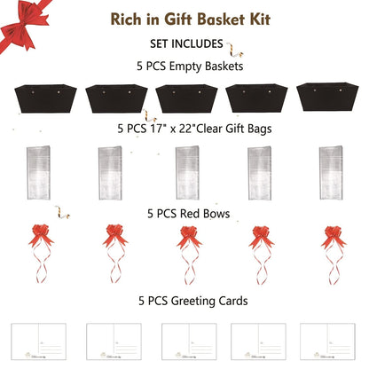 Baskets For Gifts Empty, 5 PCS Black Gift Bags With Handles DIY Kit, Gift Basket Empty To Fill Bulk For Party Favors Wedding Birthday Christmas Halloween Sympathy Thank You