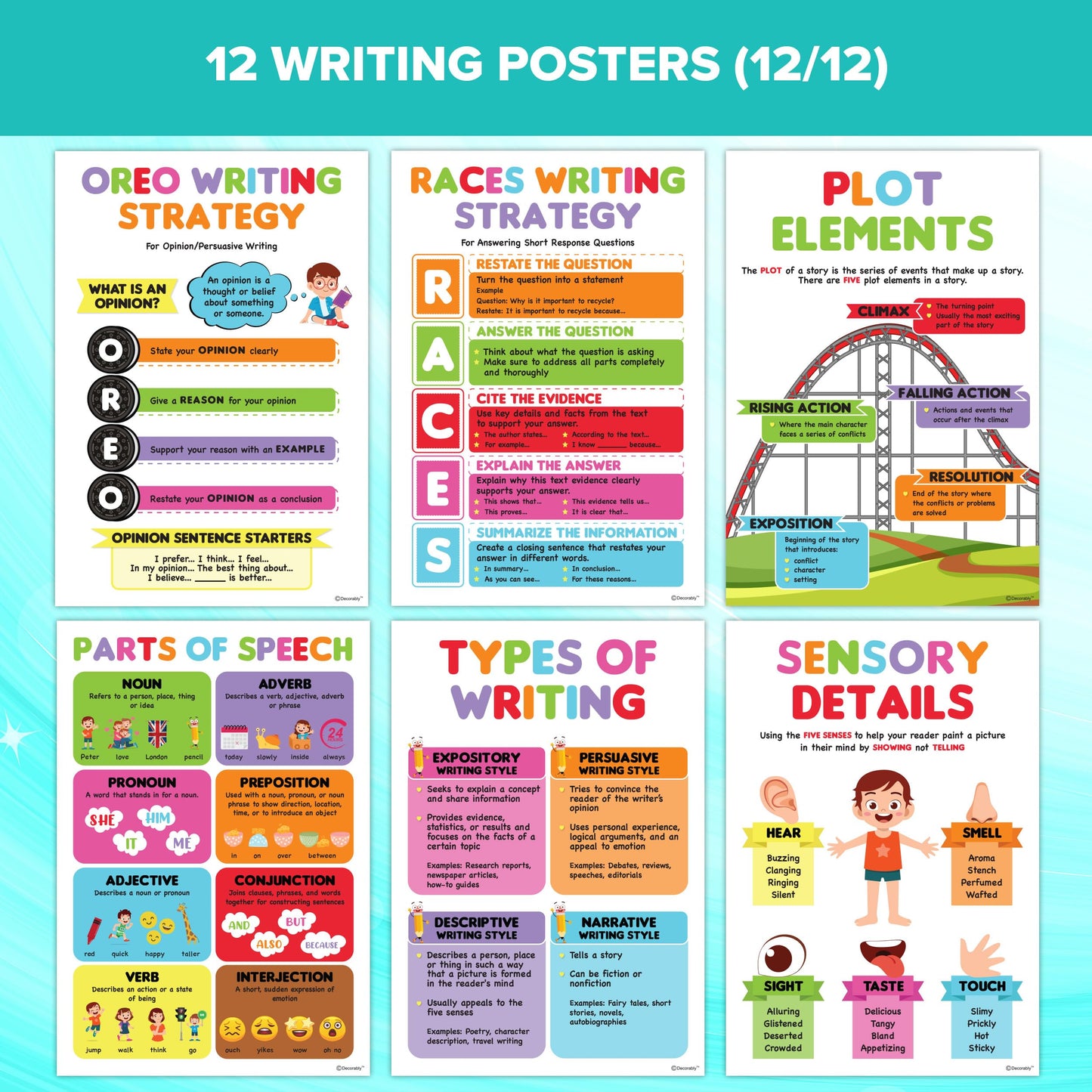 Decorably 12 Writing Posters for Classroom Middle School and Elementary, 11x16in Educational, Matte-Laminated for Hallways, Bulletin Boards, Home Study Room