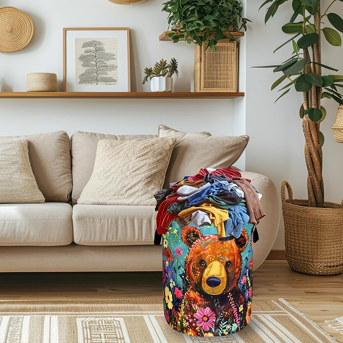 Bear Laundry Basket Oxford Cloth Foldable Colored Animal Flowers Laundry Hamper