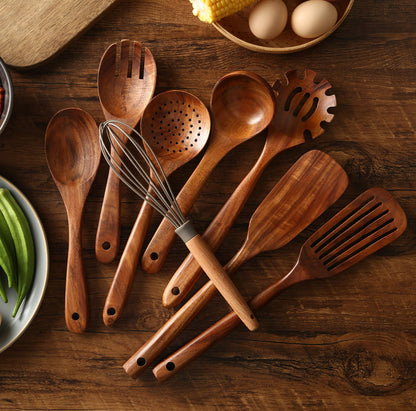 NAYAHOSE Wooden Kitchen Utensils Set with Holder, NAYAHOSE 9 Pcs Teak Wood Spoons for Cooking Spatula Set with Stainless Steel Storage Barrel