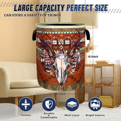 Longhorn Cattle Skull Laundry Basket Oxford Cloth Colorful Tribal Laundry Hamper