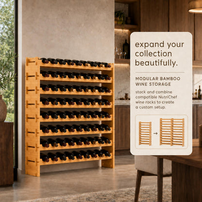 NutriChef 72 Bottle Stackable Bamboo Wine Rack, 8-Tier Modular Shelf