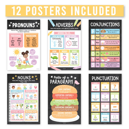 Parts of Speech Posters for Classroom Must Haves -12 English Grammar Posters, Writing Process Language Arts for Homeschool,Elementary & Middle School,ELA 3rd 4th & 5th Grade Chalkboard Classroom Decor